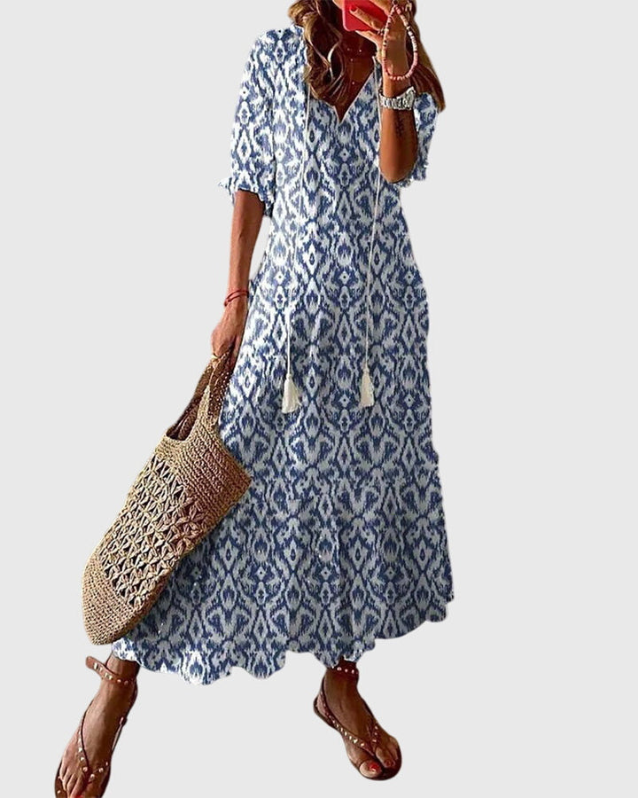 Women's Boho Vintage Maxi Dress V-Neck – Short Sleeve Summer Style