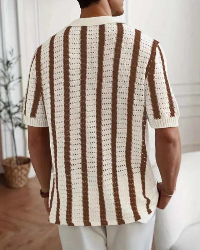 Men's Pointelle Knit Camp Collar Shirt – Vertical Stripe Open Weave