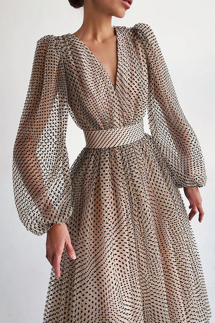 Women's Polka Dot Wrap Midi Dress – Balloon Sleeves
