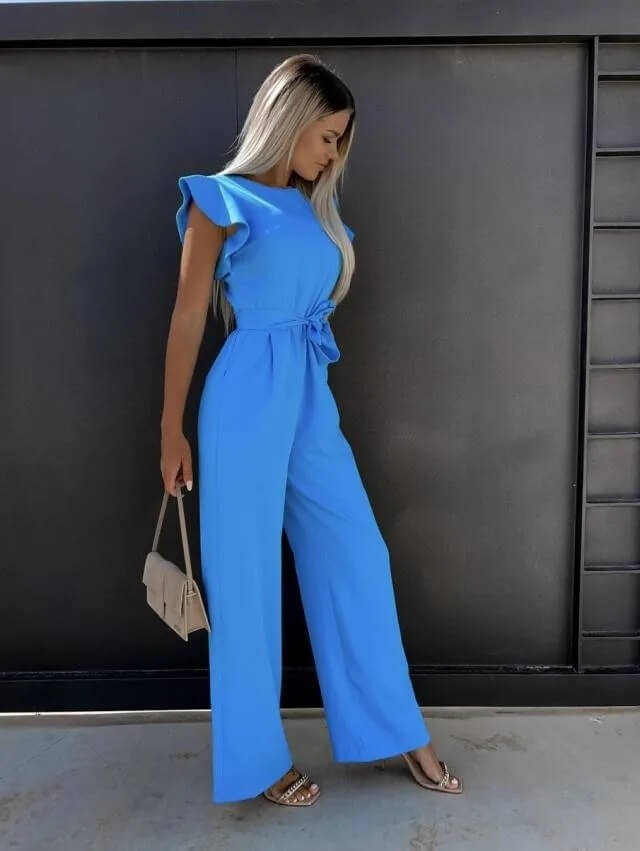 Women's Wide Leg Jumpsuit – Butterfly Sleeves Belted Full Length