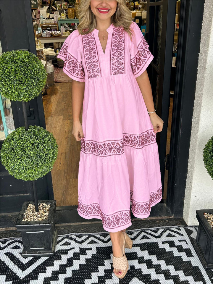 Women's Boho V-Neck Midi Dress Short Sleeve – Flowing Intricate Pattern