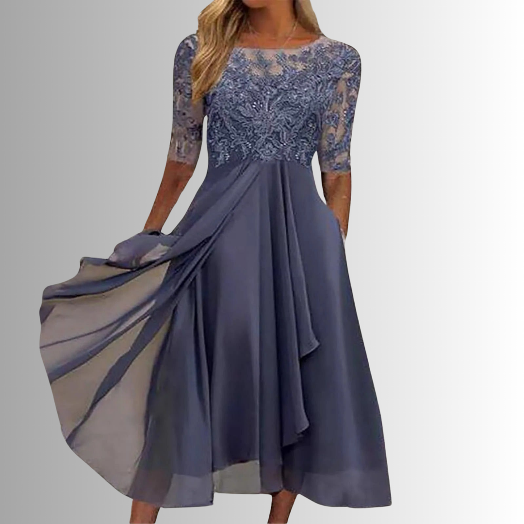 Women's Lace Top Layered Midi Dress – Tailored Fit Full Back Coverage
