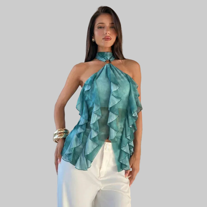 Women's Ruffle Halter Top – Layered Semi-Sheer Blouse