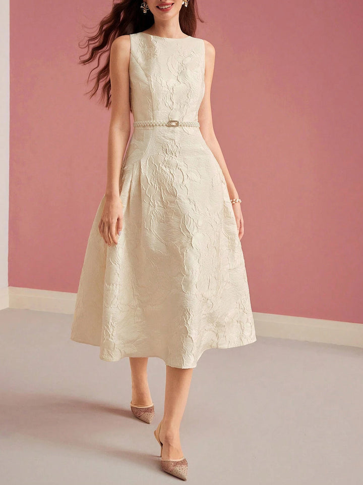 Women's Jacquard Floral A-Line Midi Dress – Boat Neck Pearl Belt