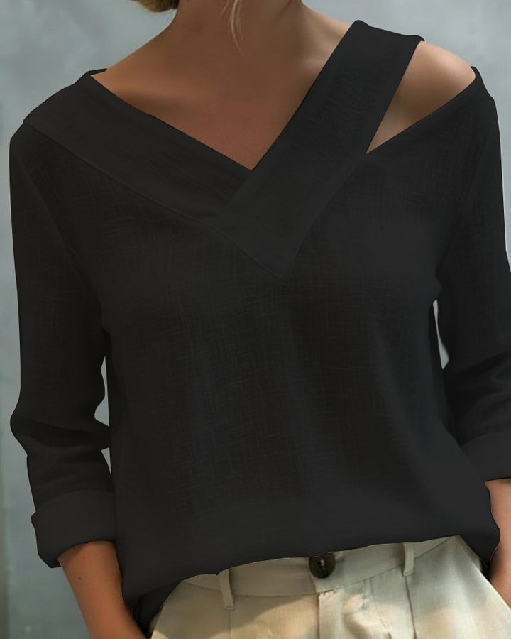 Women's Textured Long Sleeve Blouse – Asymmetric V-Neck