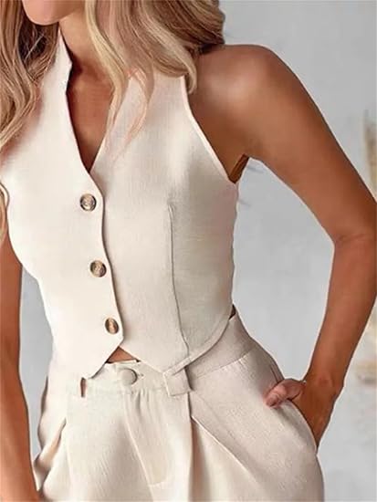 Women's Sleeveless Waistcoat Wide Leg Trouser Set – Button-Front