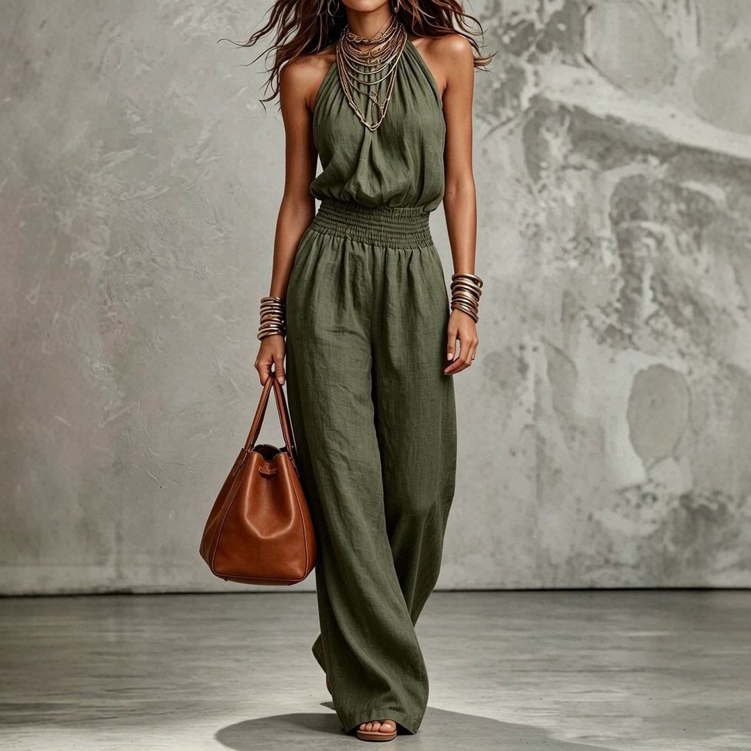 Women's Halter Neck Jumpsuit – Smocked Waist & Wide-Leg Fit