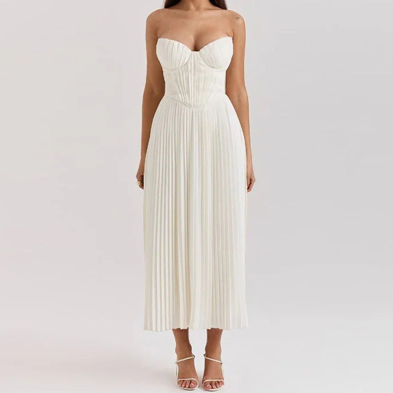 Women's Corset Bodice Strapless Midi Dress – Sweetheart Pleated Skirt