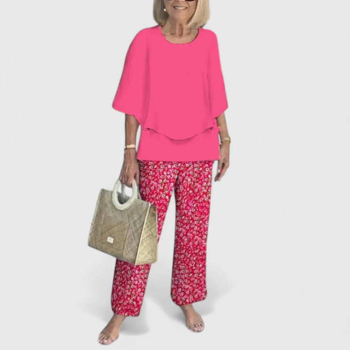 Women's Floral Pants Two-Piece Set – Round Neck Half Sleeve Co-ord