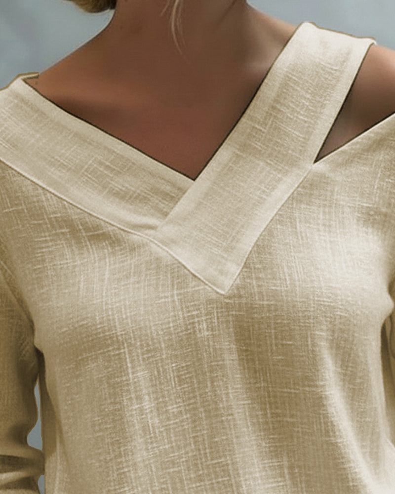 Women's Textured Long Sleeve Blouse – Asymmetric V-Neck