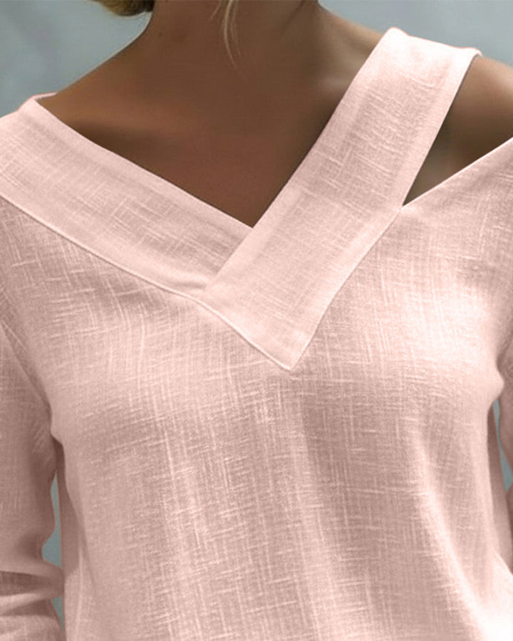 Women's Textured Long Sleeve Blouse – Asymmetric V-Neck