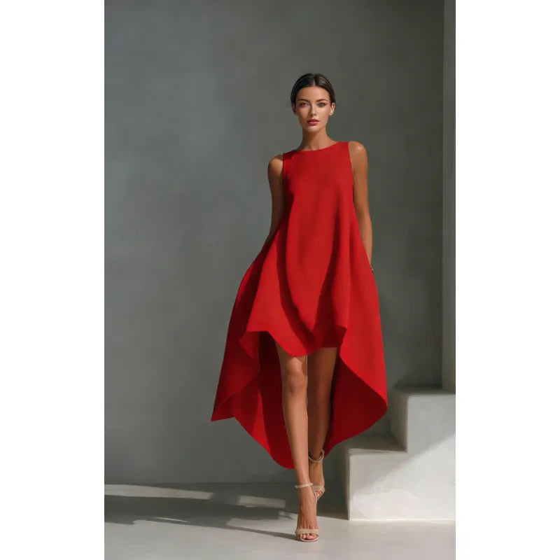 Flared Sleeveless Midi Dress – Asymmetrical Crew Neck A-Line