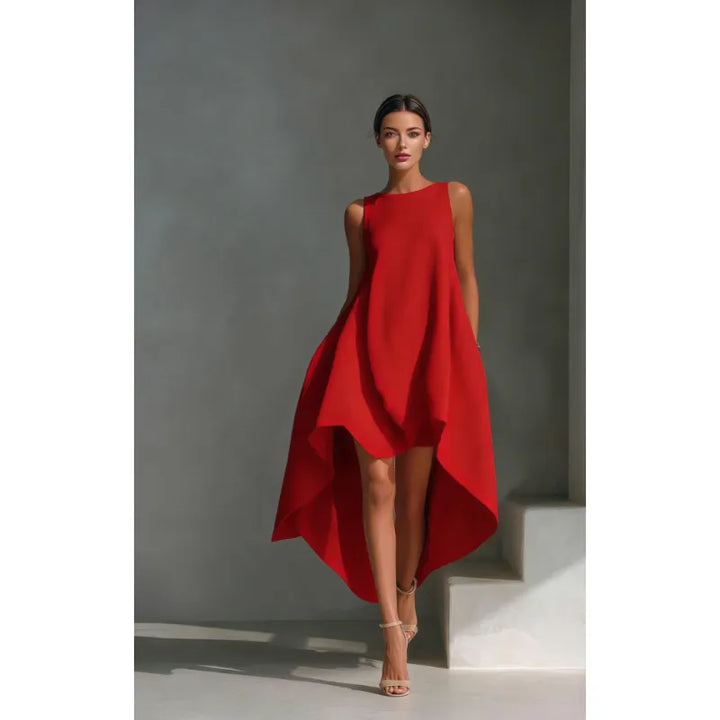 Flared Sleeveless Midi Dress – Asymmetrical Crew Neck A-Line