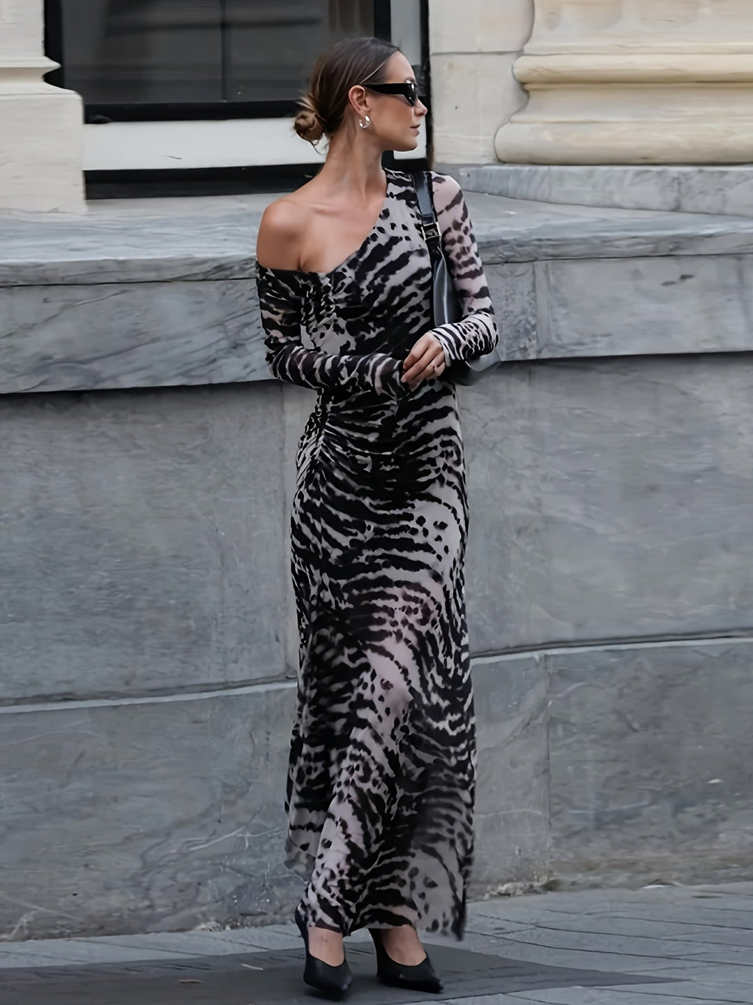 Women's Animal Print Mesh Maxi Dress – Long Sleeve Ruched Waist