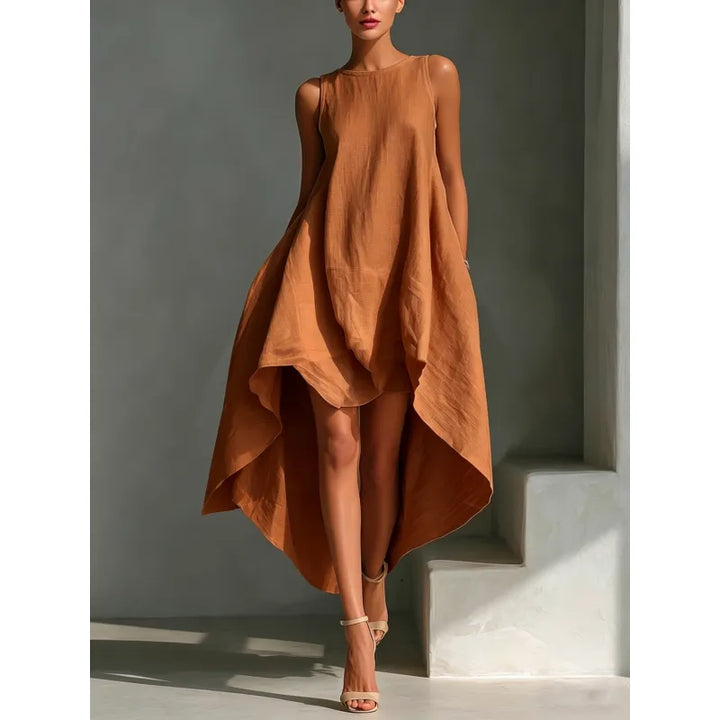 Flared Sleeveless Midi Dress – Asymmetrical Crew Neck A-Line