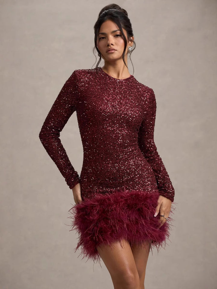 Women's Feather Hem Mini Dress High Neck – Long Sleeve Bodycon Evening