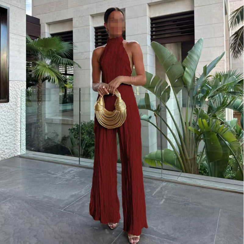 Women's Two Piece Set Sleeveless Halter Top – Wide-Leg Trouser Elastic Waist