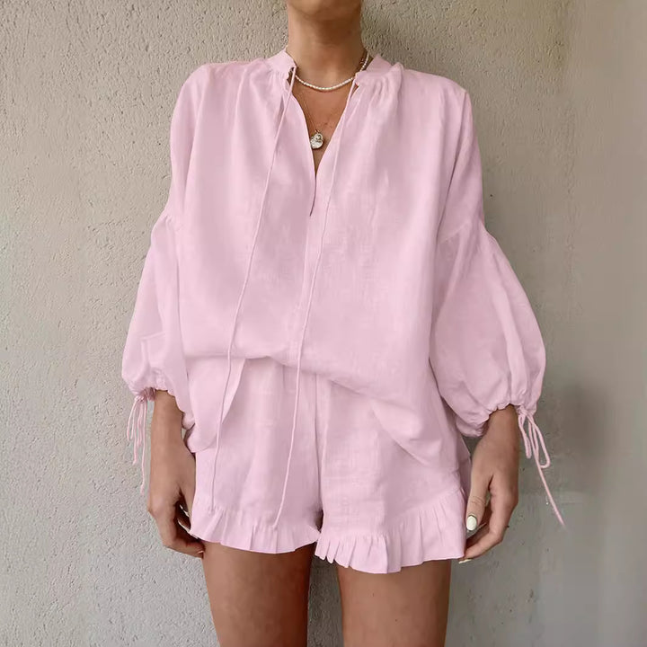 Women's Two Piece Set V-Neck Lantern Sleeve Top – Ruffle Shorts Lace-Up Detail