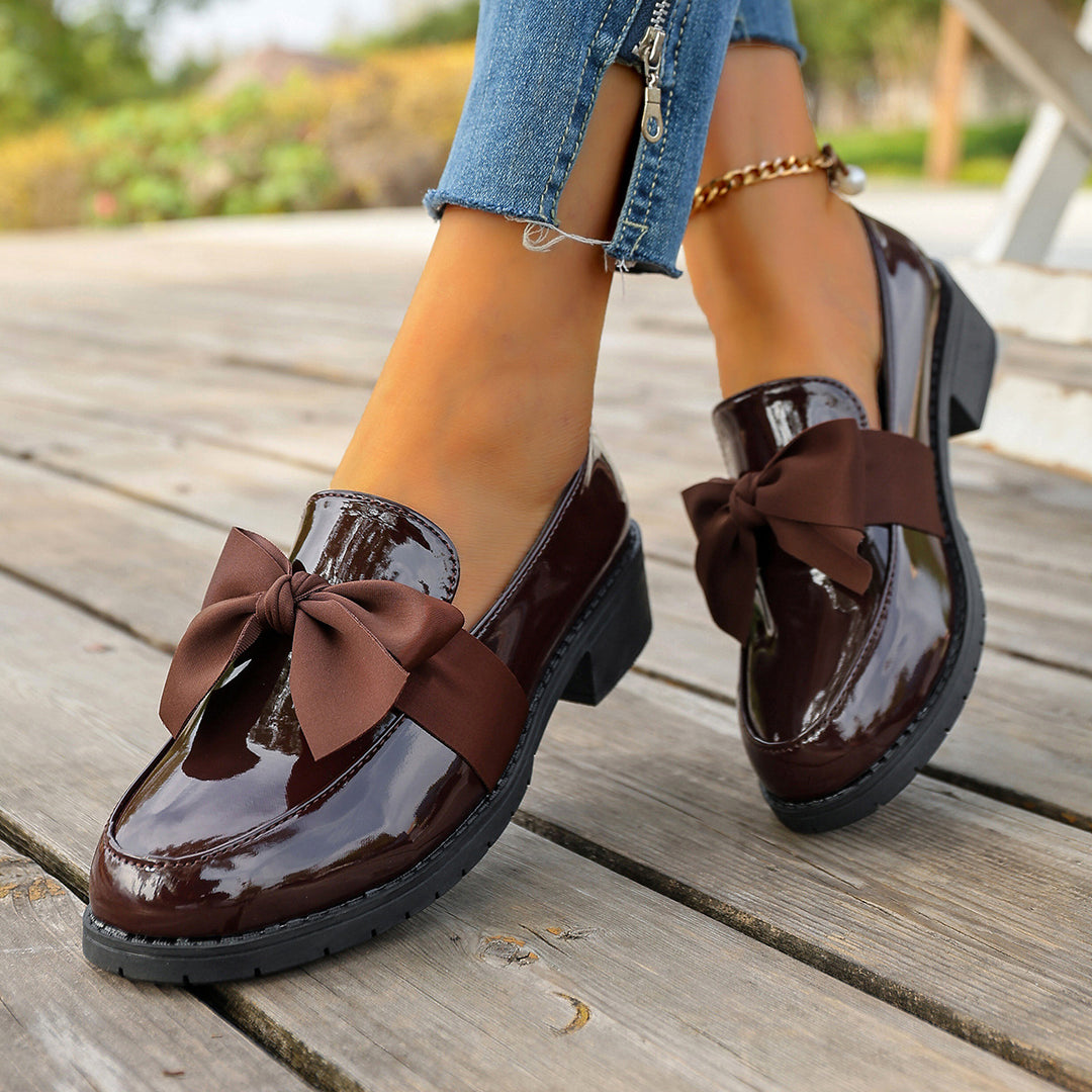 Women's Glossy Leather Bow Loafers – Moc-Toe Slip-On Platform Outsole