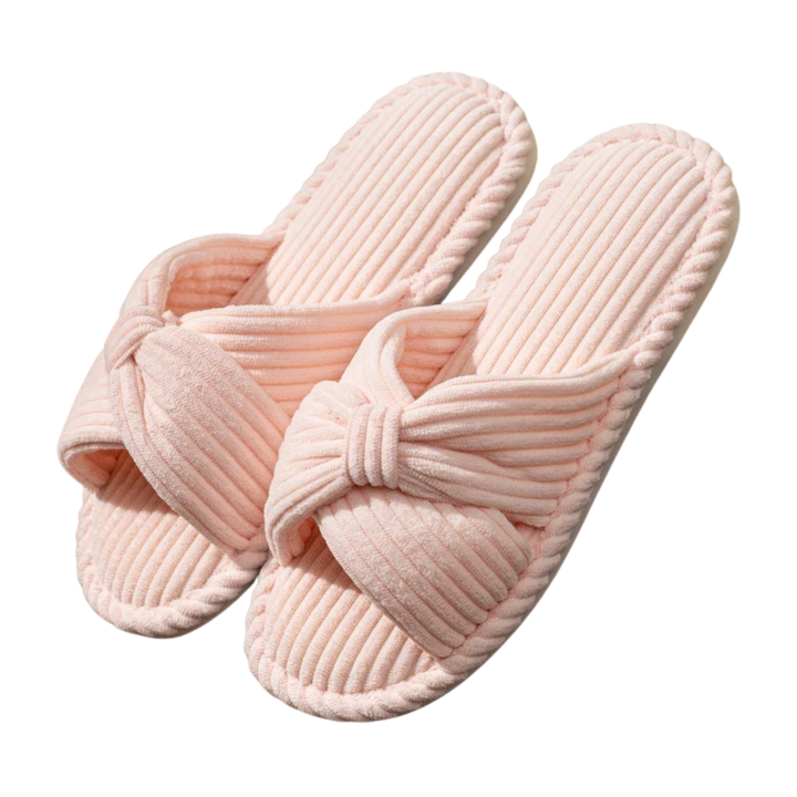 Women's Slippers – Corduroy Open Toe Slip-On with Bow Detail