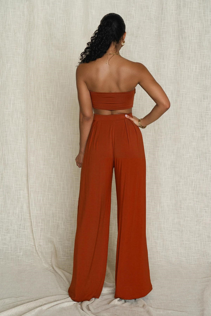 Two Piece Set Women – Strapless Pure Color Top & Pants Suit