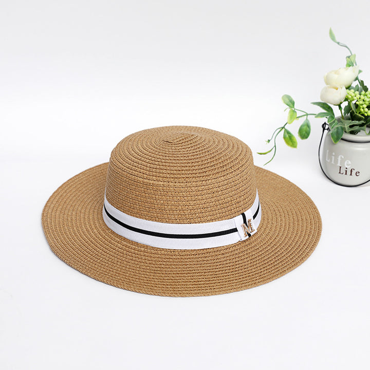 Flat Top Straw Hat – Rhinestone Wide Brim Sun Hat Women