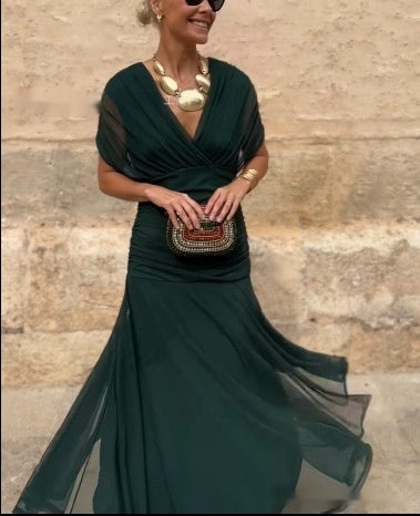 Wrap Maxi Dress – V-Neck Short Sleeve Sheer Detail
