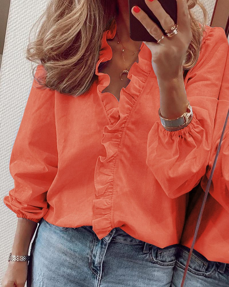 Women's Ruffle Front V-Neck Blouse Long Sleeve – Relaxed Elegant