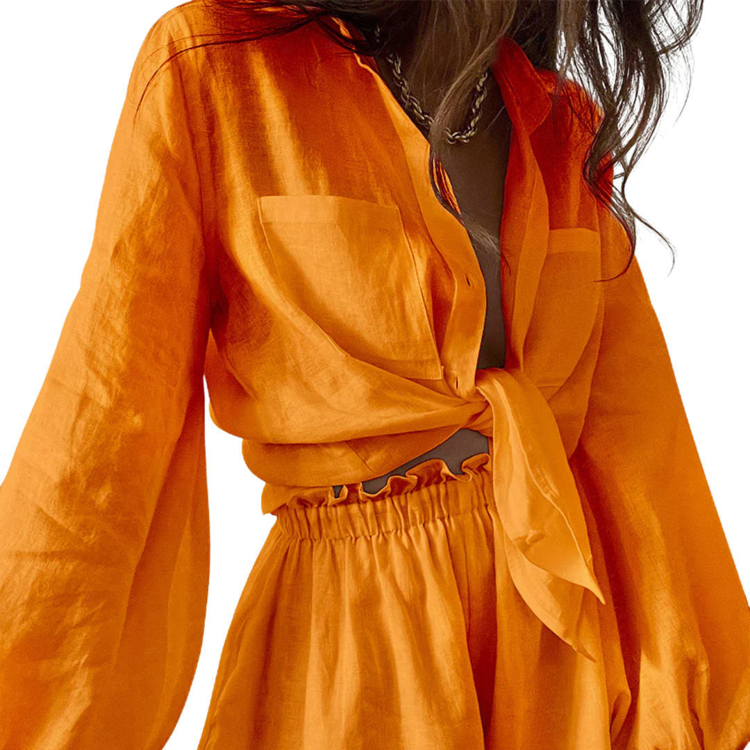 Linen Two Piece Set Women – Billowy Blouse & High-Waist Shorts