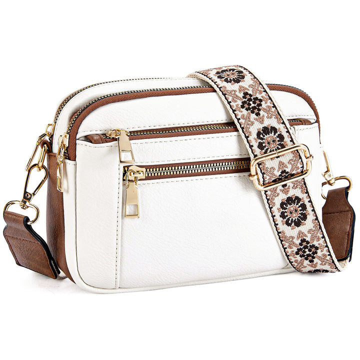 Women's Colorblock Crossbody Bag – Triple Zipper Embroidered Strap