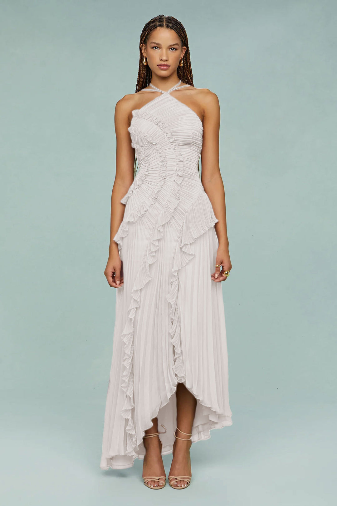 One Shoulder Maxi Dress – Pleated Asymmetric Ruffle Detail