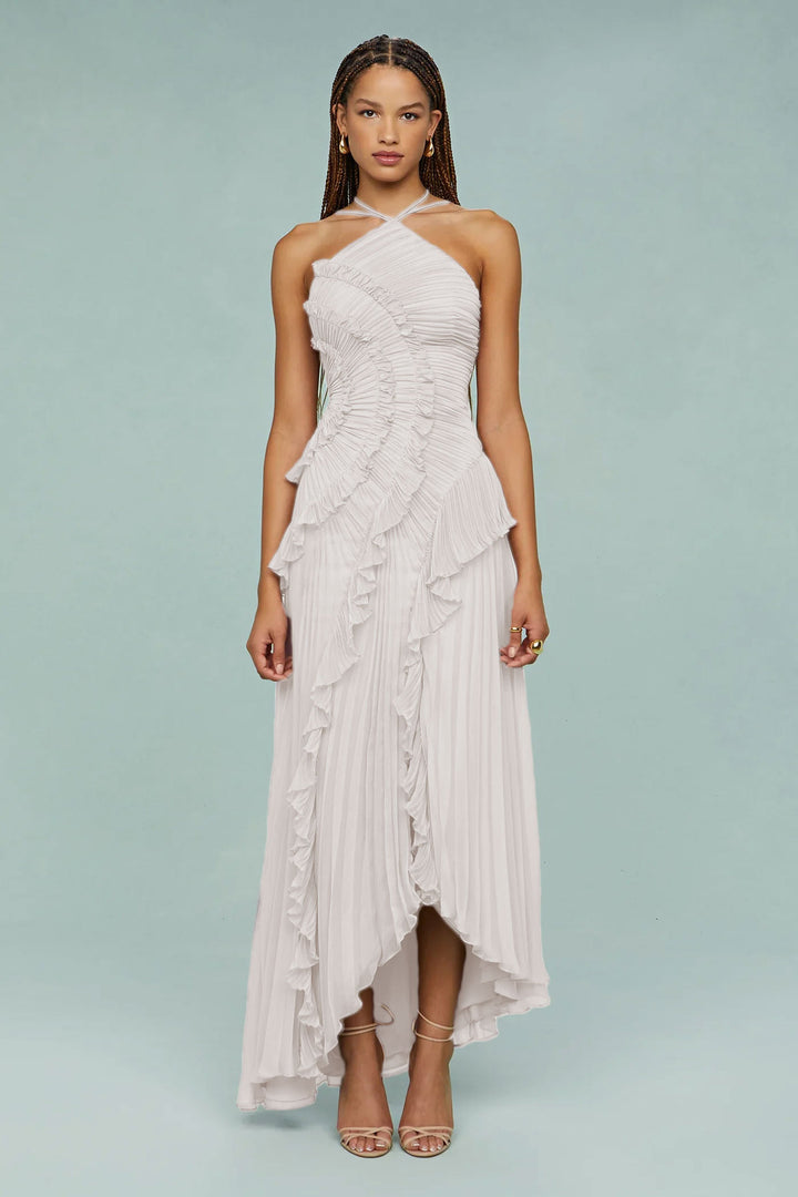 One Shoulder Maxi Dress – Pleated Asymmetric Ruffle Detail