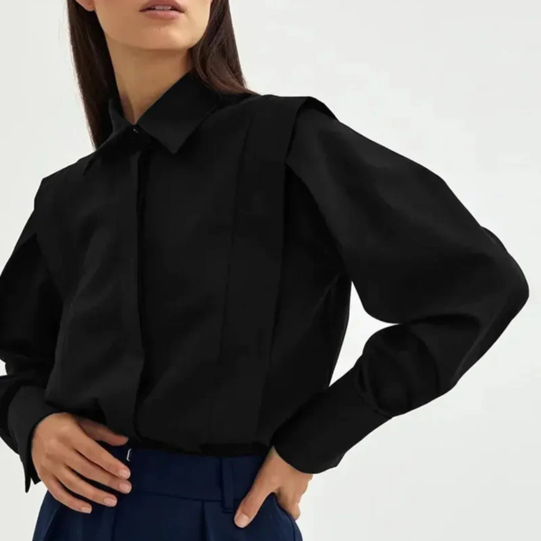Women's Long Sleeve Blouse Shoulder Pleats – Pointed Collar Cuffs