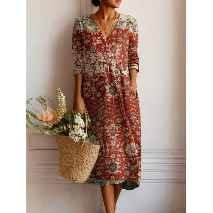 Printed Midi Dress – Women's Retro Art Pattern Relaxed Fit