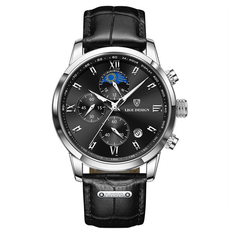 Men's Classic Leather-Look Strap Watch – Multifunction Dial