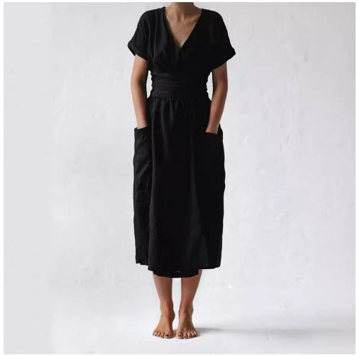 Midi Dress – V-Neck, Pleated Waist & Pockets