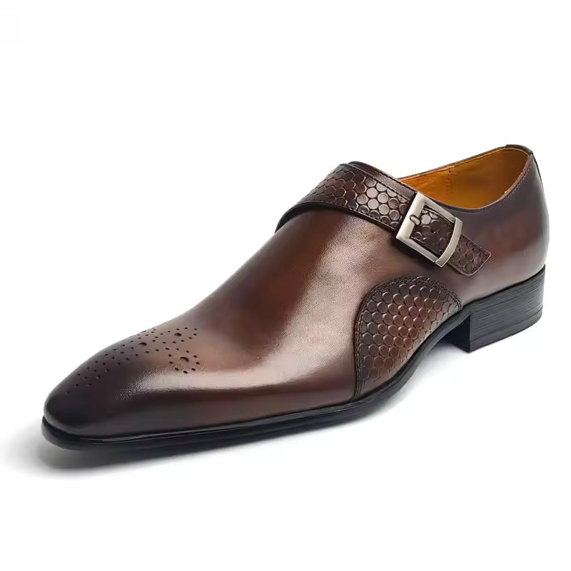 Men's Cowhide Leather Monk Strap Dress Shoe – Pointed Carved Detail