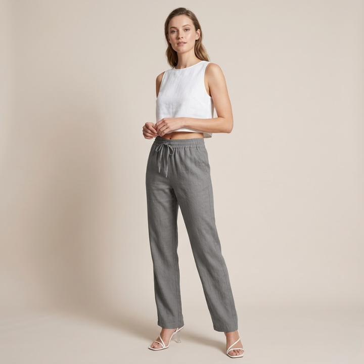 Wide Leg Linen Pants – Elastic Drawcord Waist Relaxed Fit