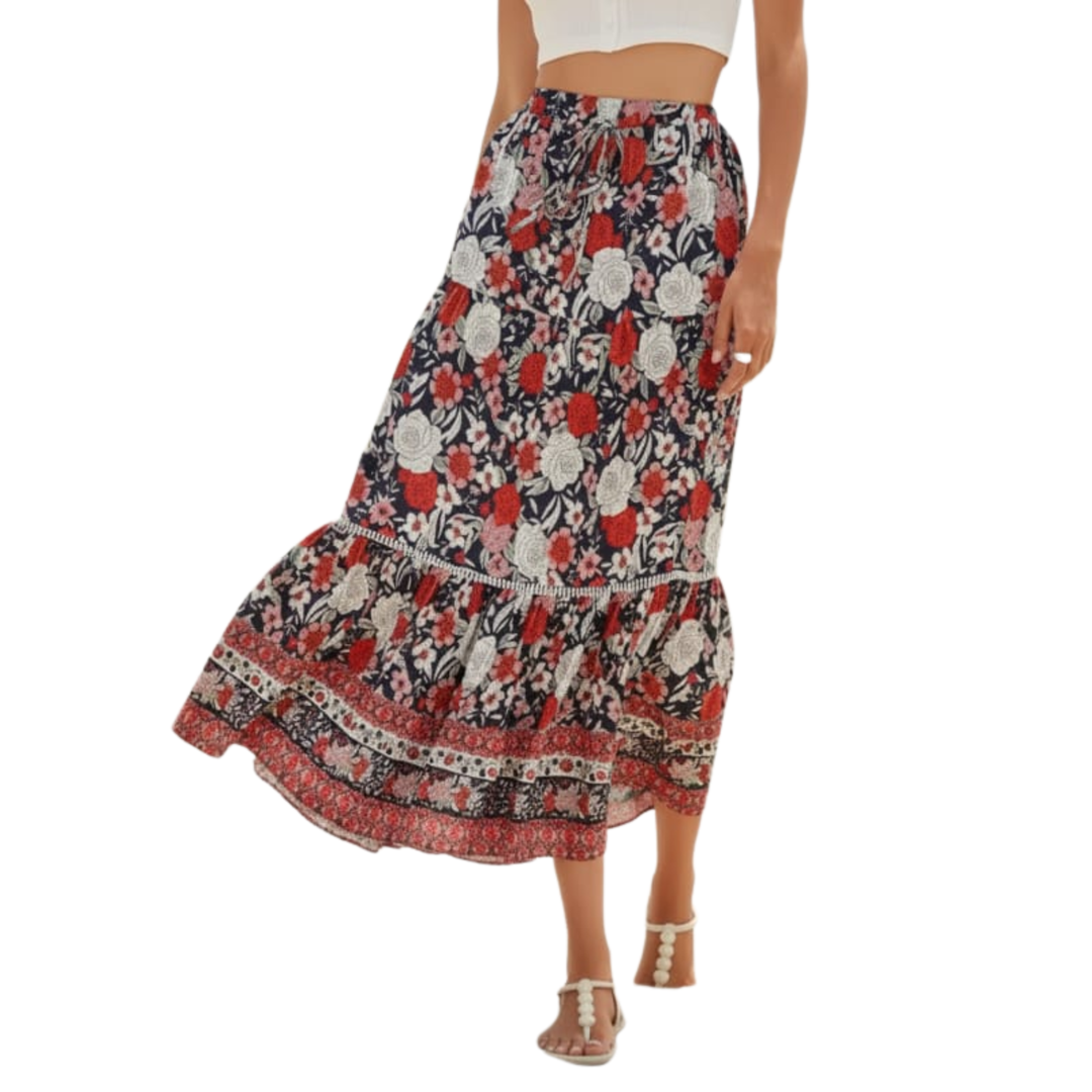 Floral Maxi Skirt – High-Waist Drawstring A-Line, Cotton