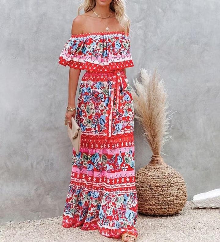 Floral Maxi Dress Off-Shoulder Belted – Boho Vacation Sweeping Hem