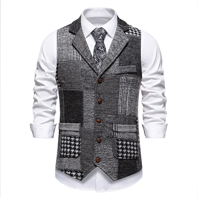 Men's Patchwork Herringbone Waistcoat – Single Breasted Woven Vest