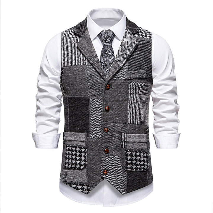 Men's Patchwork Herringbone Waistcoat – Single Breasted Woven Vest