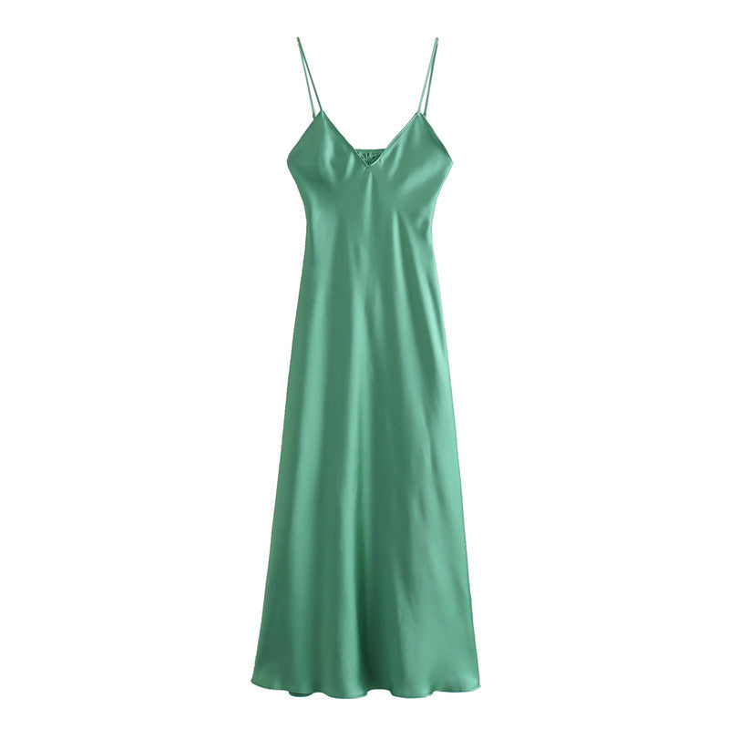 Satin Slip Maxi Dress – V-Neck & Spaghetti Straps