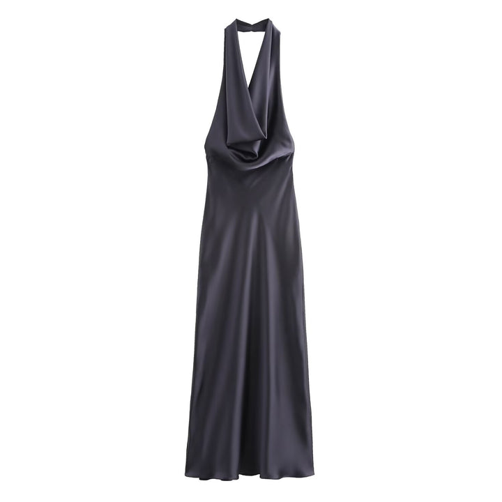 Satin Halter Maxi Dress Silky Backless Gown – Open-Back Evening Style