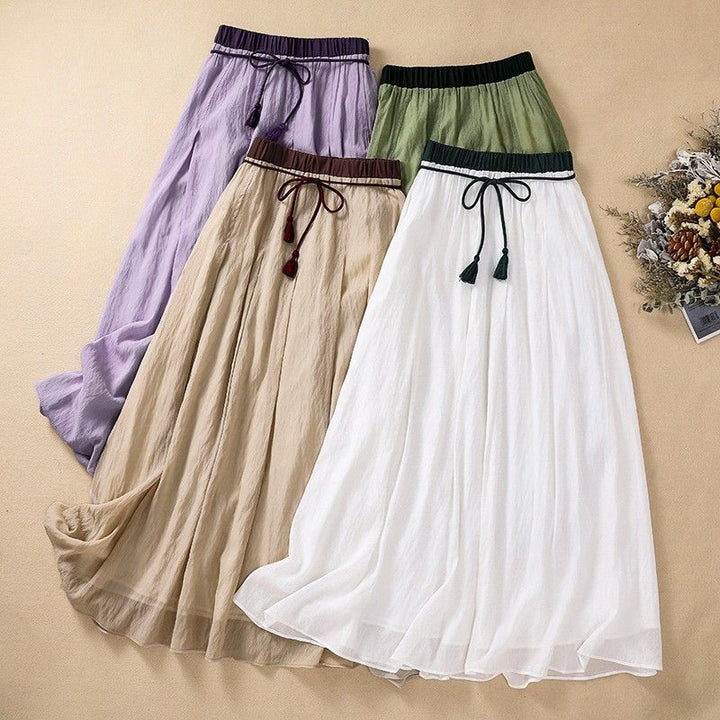 Women's Linen A-Line Maxi Skirt Gathered Waist – Contrast Waistband
