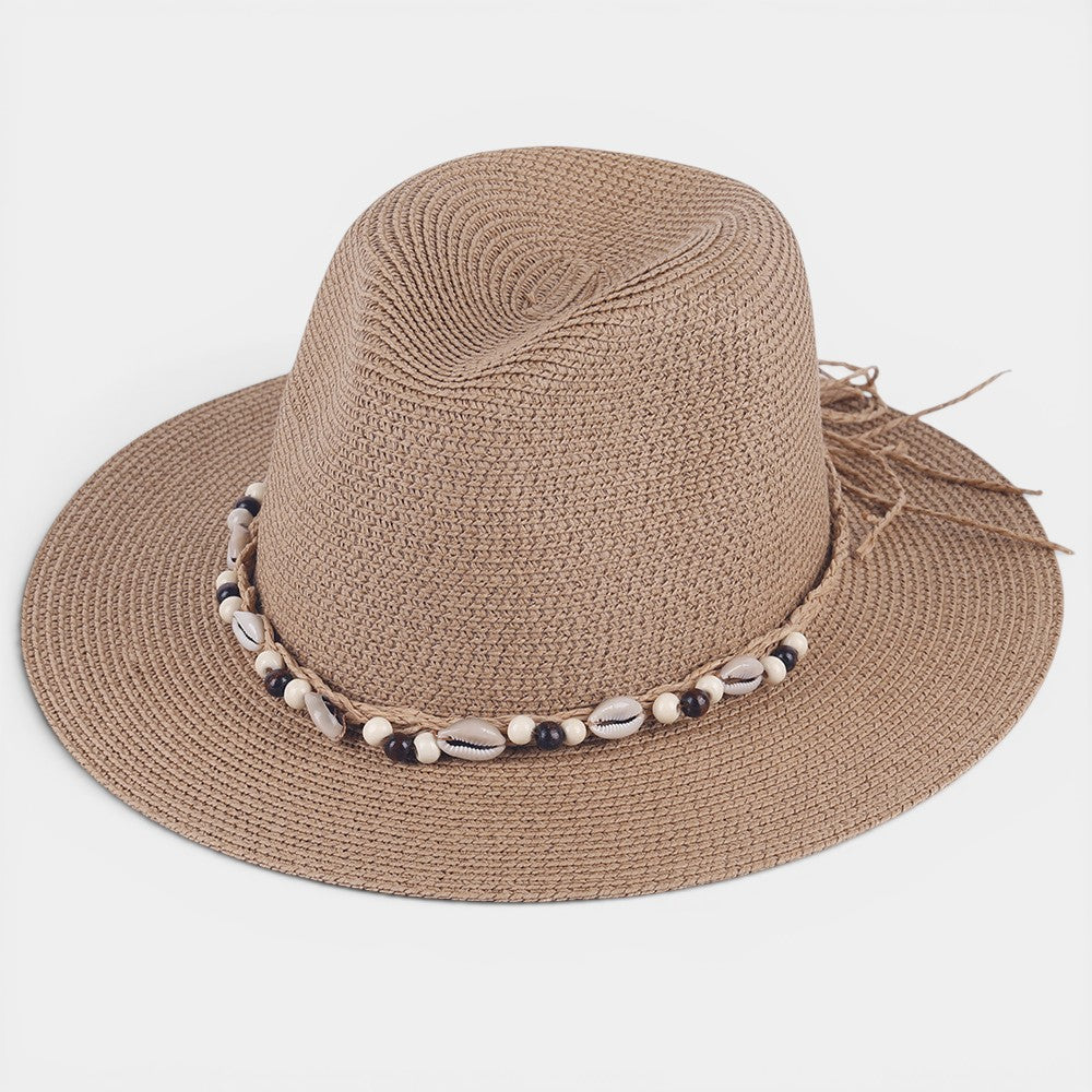 Women's Wide Brim Sun Hat – Shell & Wooden Bead Detail