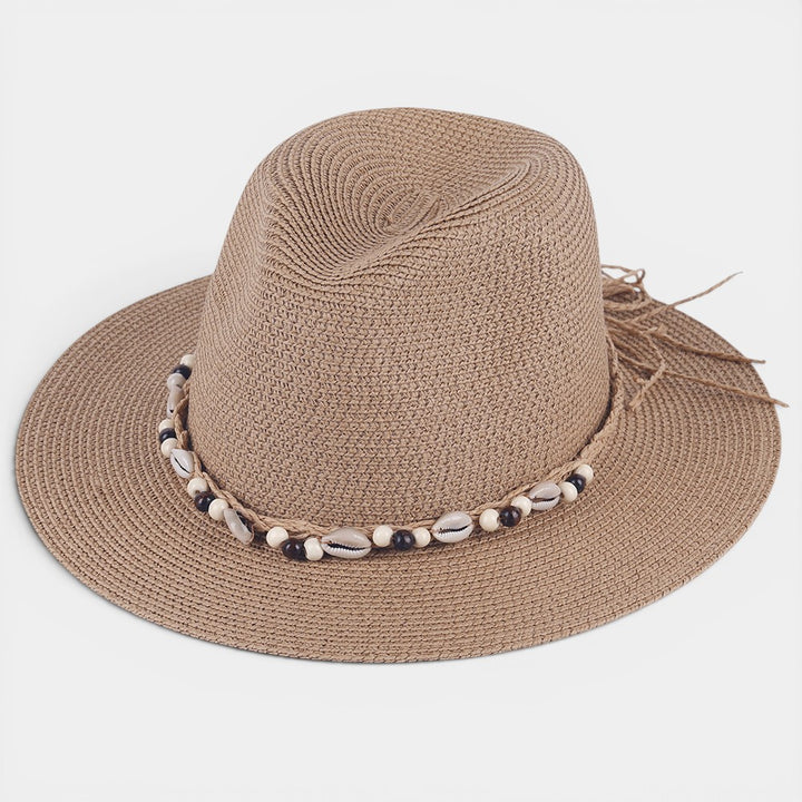 Women's Wide Brim Sun Hat – Shell & Wooden Bead Detail