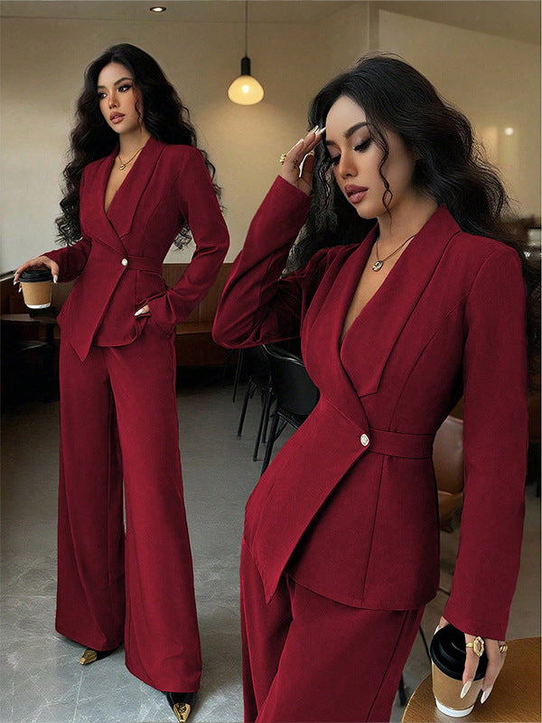 Women's V-Neck Long Sleeve Top & Wide Leg Trouser Set