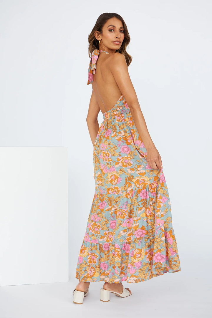 Halter Mini Dress – Lace-Up Print Split Vacation Style