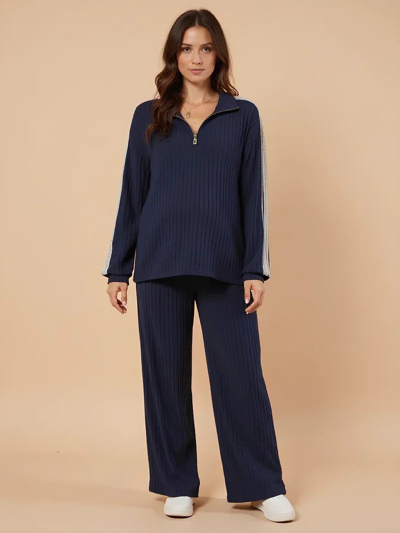 Maternity Two Piece Set – Ribbed Knit Zip Collar & Straight-Leg
